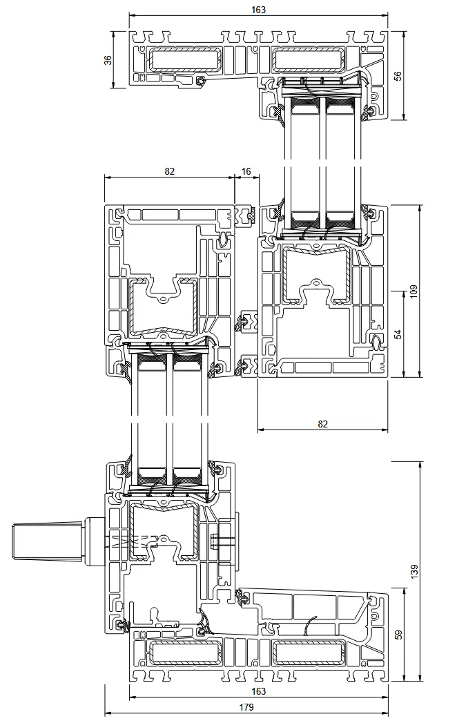 IGLO EDGE SLIDE 163 mm PVC sliding terrace system technical cross-section with dimensions