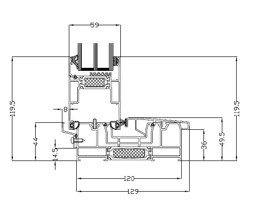 MB-59HS HI 120 mm aliuminio terasų sistemos techninis pjūvis su matmenimis