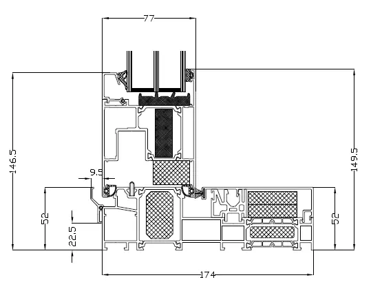 MB-77HS HI MONORAIL 174 mm aluminium terrace system technical cross-section with dimensions