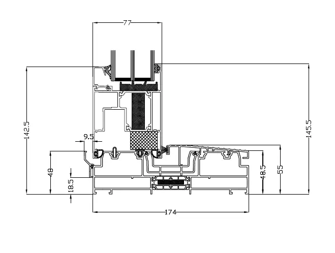 MB-77HS HI 174 mm aluminium terrace system technical cross-section with dimensions