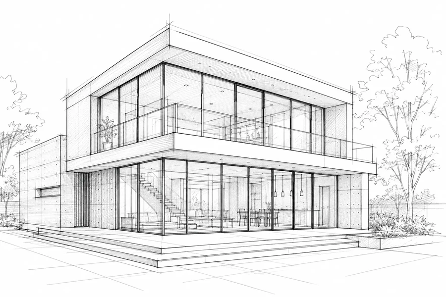 Modernaus namo su aliuminio langais architektūrinis eskizas