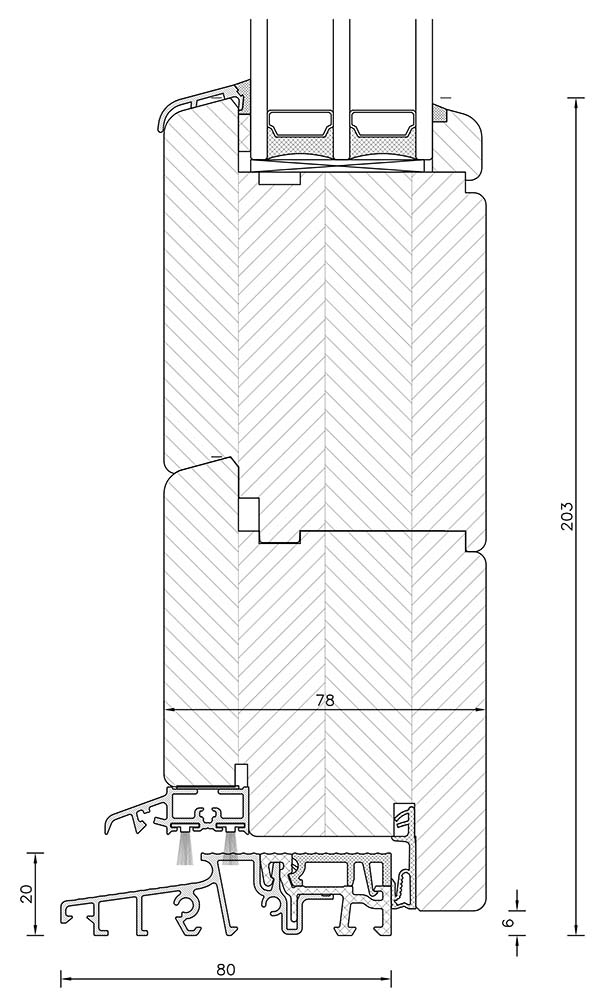 SOFTLINE 78 medinių durų techninis pjūvis