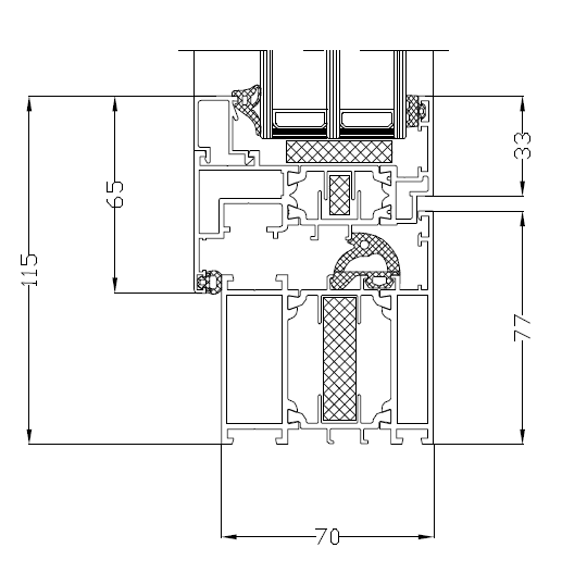 MB-70HI 70 mm technical aluminium window profile cross-section with dimensions