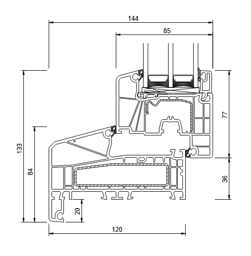 IDEAL 7000 NL 120 mm B profilio techninis pjūvis su matmenimis
