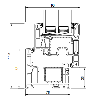 IDEAL NEO AD 76 mm lango profilio techninis pjūvis su matmenimis
