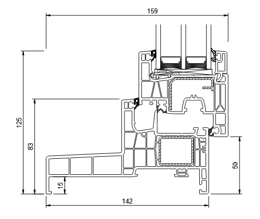IDEAL NEO MD MONOBLOCK 142 mm rėmo techninis pjūvis su matmenimis