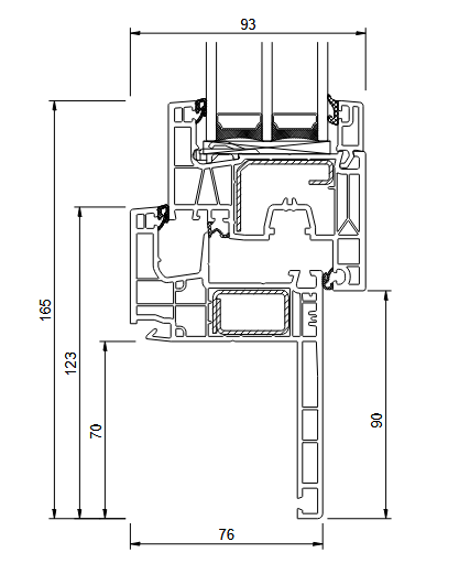 IDEAL NEO MD RENOVATION 70 mm maskuojančio profilio techninis pjūvis su matmenimis