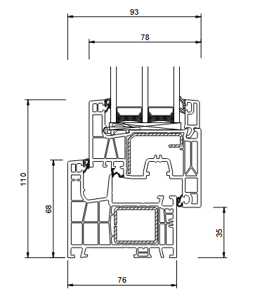 IDEAL NEO MD 76 mm lango profilio techninis pjūvis su matmenimis