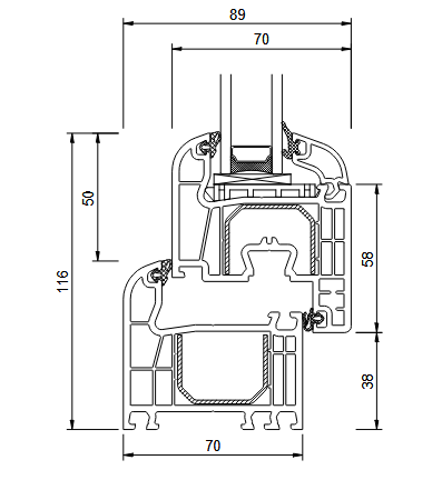 IGLO 5 Classic 70 mm technical window profile cross-section with dimensions