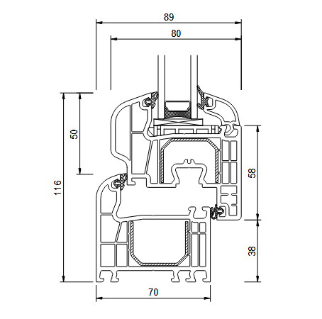 IGLO 5 70 mm technical window profile cross-section with dimensions