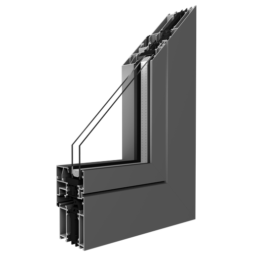 Grey MB-70HI aluminium window profile cutaway